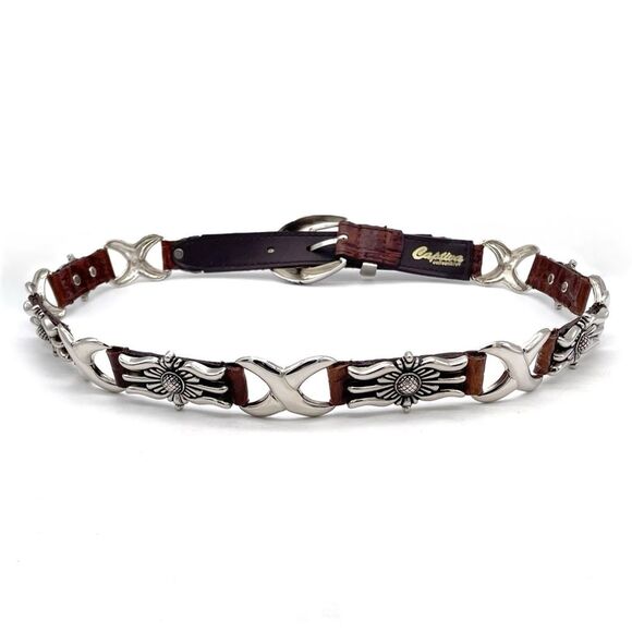 Captiva Brown Leather Silver Sunflower Link Concho Western Belt Size Medium VTG - Picture 4 of 10